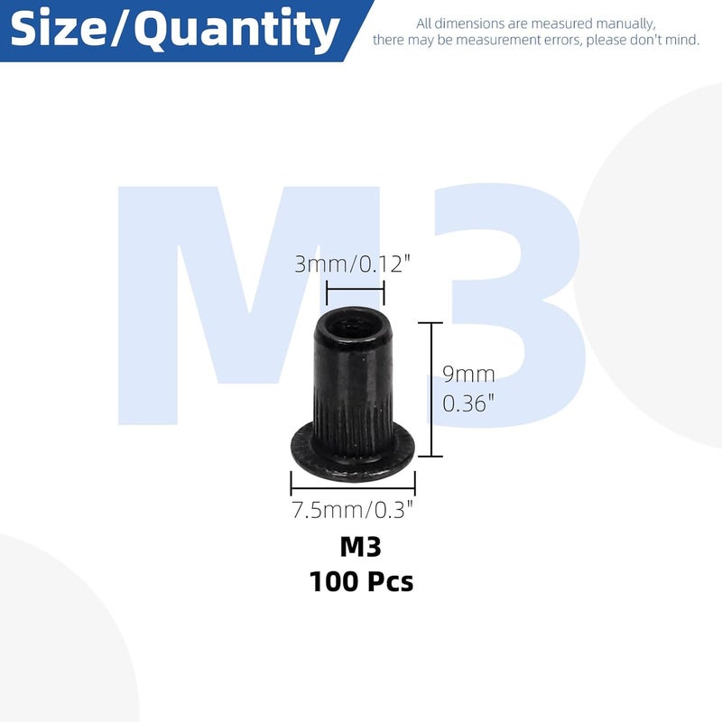 Glarks 100Pcs M3 Rivet Nuts - Black Zinc Plated Carbon Steel Flat Head Rivnut Threaded Insert Assortment Set - Image 2